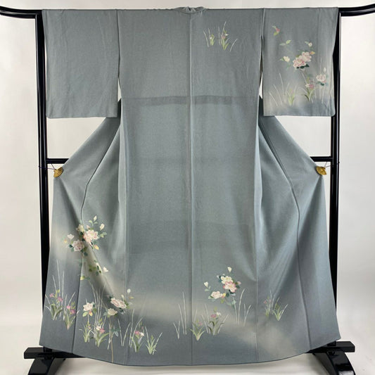 【庫存清倉】 付下 身長161.5cm 袖長64cm M 雙層 枝花 草花紋紋 漸層 青灰 純蠶絲 優品級