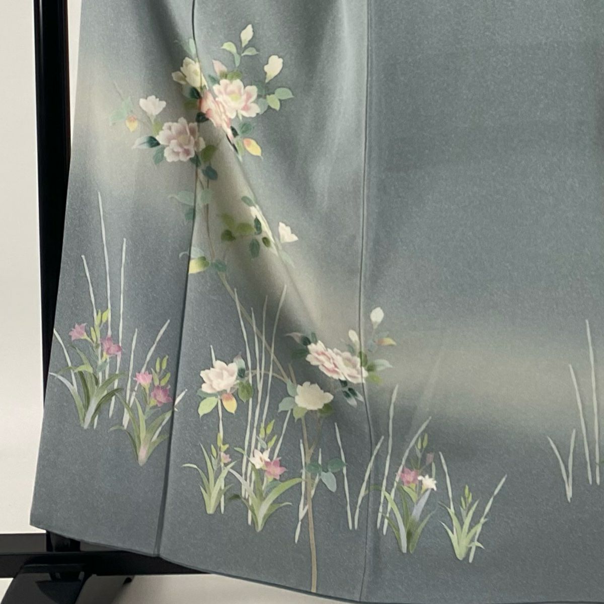 【庫存清倉】 付下 身長161.5cm 袖長64cm M 雙層 枝花 草花紋紋 漸層 青灰 純蠶絲 優品級