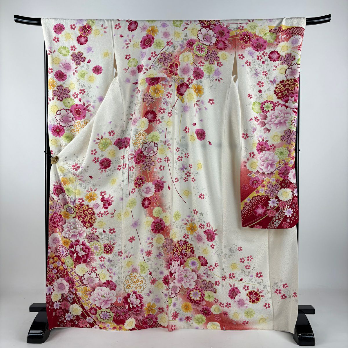 【庫存清倉】振袖禮服 身長170.5cm 袖長69.5cm L 雙層 牡丹 櫻花 刺繡 金銀彩 奶油色 純蠶絲 逸品級