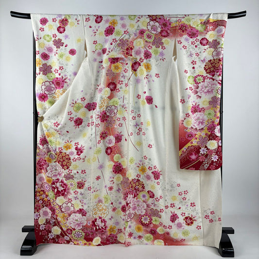 【庫存清倉】振袖禮服 身長170.5cm 袖長69.5cm L 雙層 牡丹 櫻花 刺繡 金銀彩 奶油色 純蠶絲 逸品級