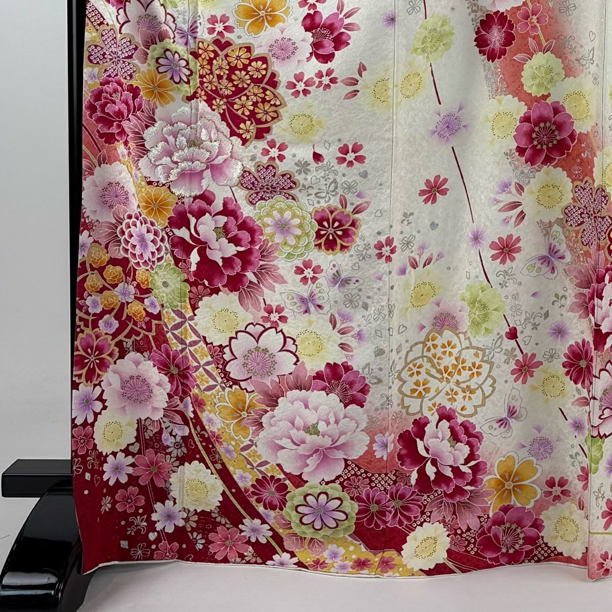 【庫存清倉】振袖禮服 身長170.5cm 袖長69.5cm L 雙層 牡丹 櫻花 刺繡 金銀彩 奶油色 純蠶絲 逸品級