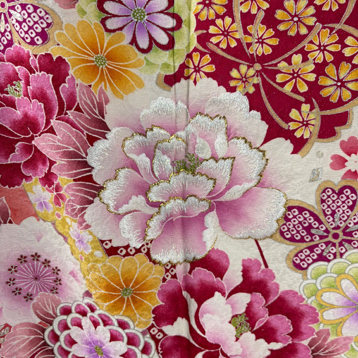 【庫存清倉】振袖禮服 身長170.5cm 袖長69.5cm L 雙層 牡丹 櫻花 刺繡 金銀彩 奶油色 純蠶絲 逸品級