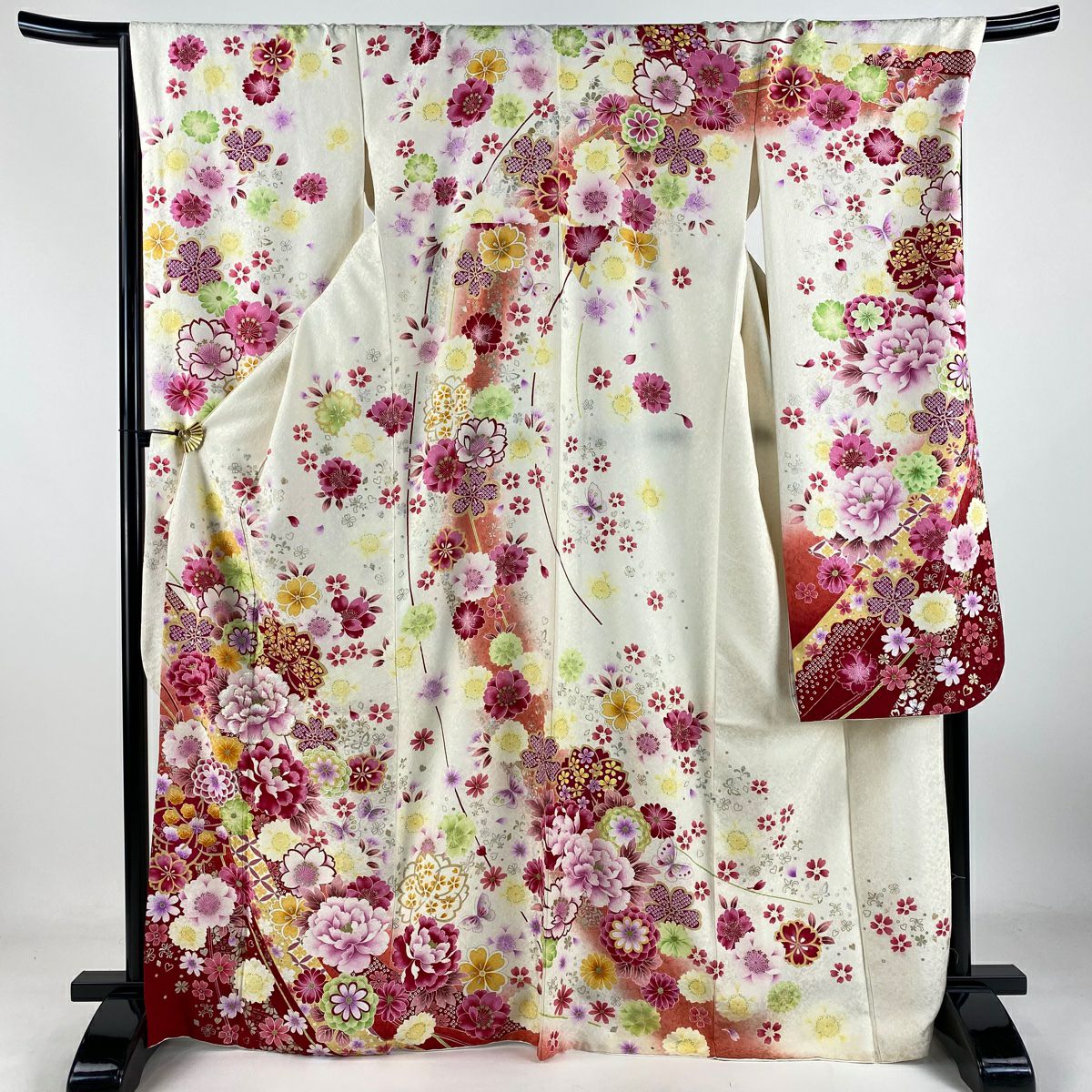 【庫存清倉】振袖禮服 身長169cm 袖長68.5cm L 雙層 牡丹 櫻花 刺繡 金銀彩 奶油色 純蠶絲 逸品級