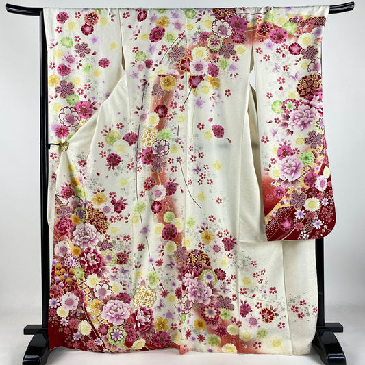 【庫存清倉】振袖禮服 身長169cm 袖長68.5cm L 雙層 牡丹 櫻花 刺繡 金銀彩 奶油色 純蠶絲 逸品級