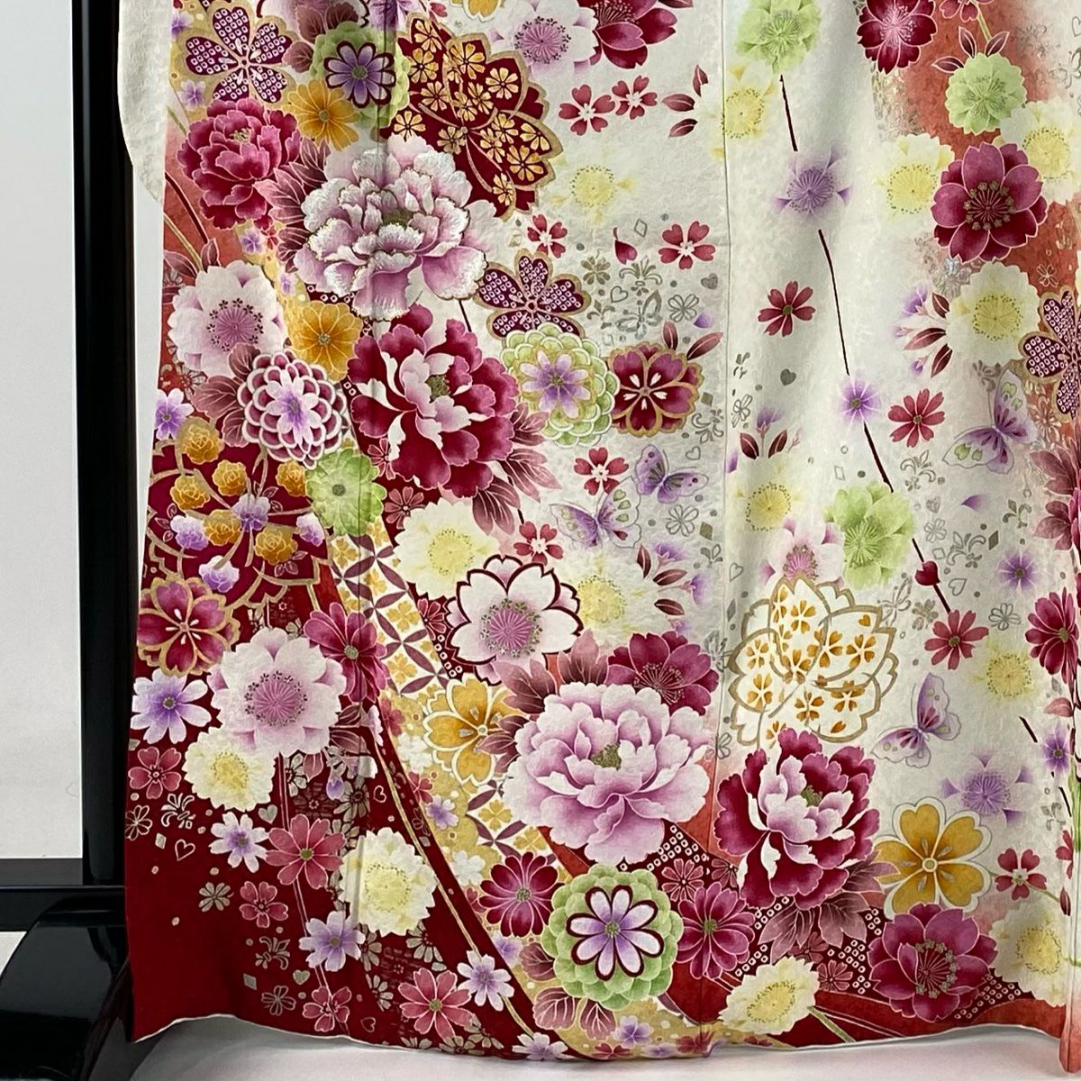 【庫存清倉】振袖禮服 身長169cm 袖長68.5cm L 雙層 牡丹 櫻花 刺繡 金銀彩 奶油色 純蠶絲 逸品級