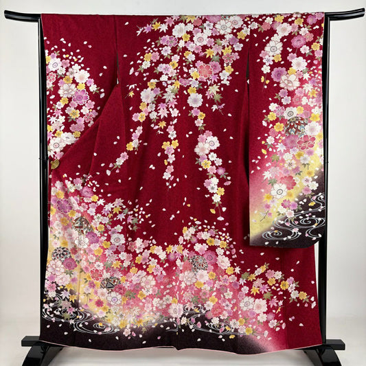 【庫存清倉】振袖禮服 身長158.5cm 袖長65cm M 雙層 大和 手毬 櫻花 銀通刺繡 紅 純蠶絲 逸品級