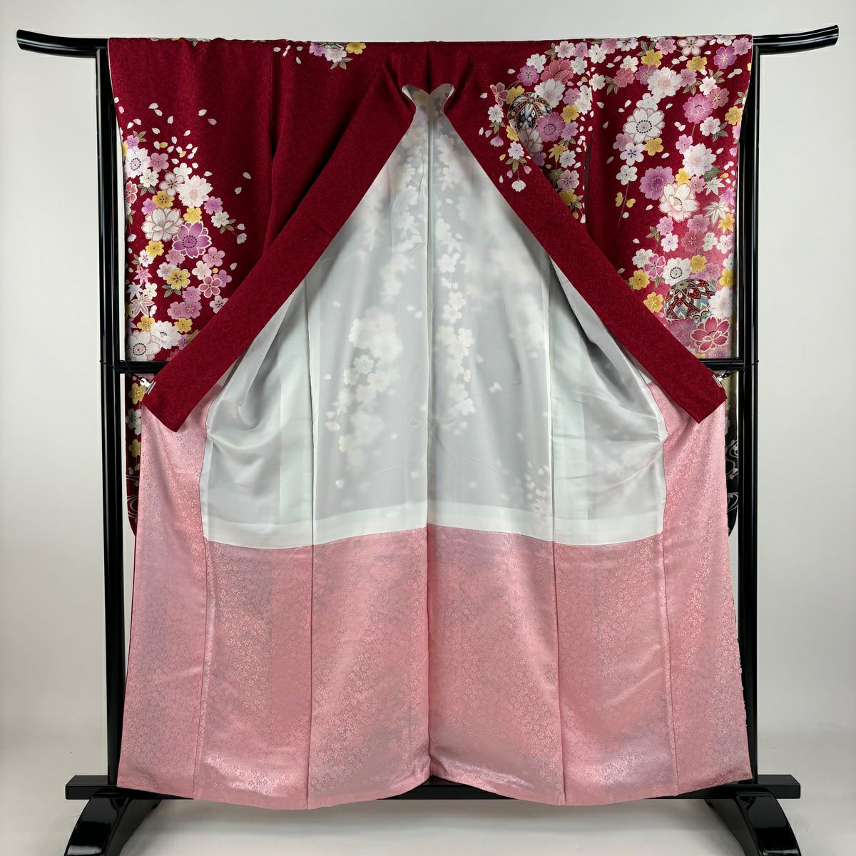 【庫存清倉】振袖禮服 身長158.5cm 袖長65cm M 雙層 大和 手毬 櫻花 銀通刺繡 紅 純蠶絲 逸品級
