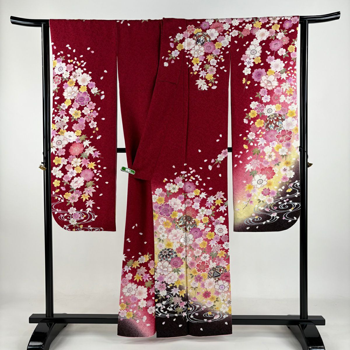 【庫存清倉】振袖禮服 身長158.5cm 袖長65cm M 雙層 大和 手毬 櫻花 銀通刺繡 紅 純蠶絲 逸品級