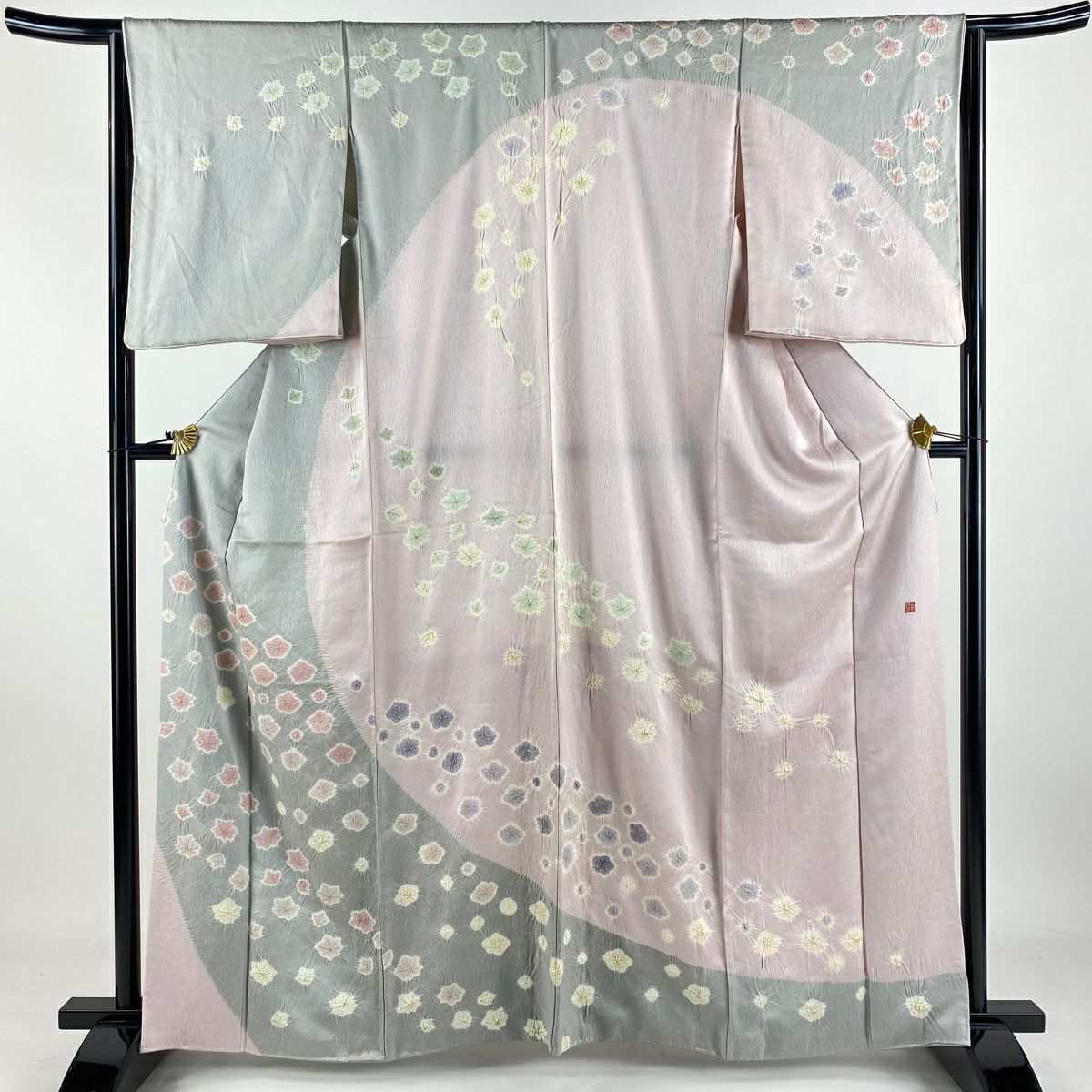 【庫存清倉】訪問服 身長163cm 袖長64.5cm M 雙層 奇翠 青柳 有落款 梅花 楓 金銀彩 絞染 灰色 純蠶絲 逸品級