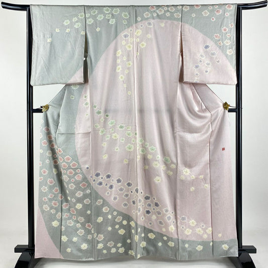【庫存清倉】訪問服 身長163cm 袖長64.5cm M 雙層 奇翠 青柳 有落款 梅花 楓 金銀彩 絞染 灰色 純蠶絲 逸品級