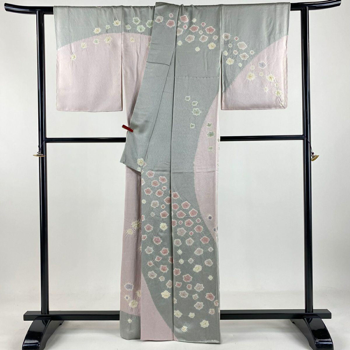 【庫存清倉】訪問服 身長163cm 袖長64.5cm M 雙層 奇翠 青柳 有落款 梅花 楓 金銀彩 絞染 灰色 純蠶絲 逸品級