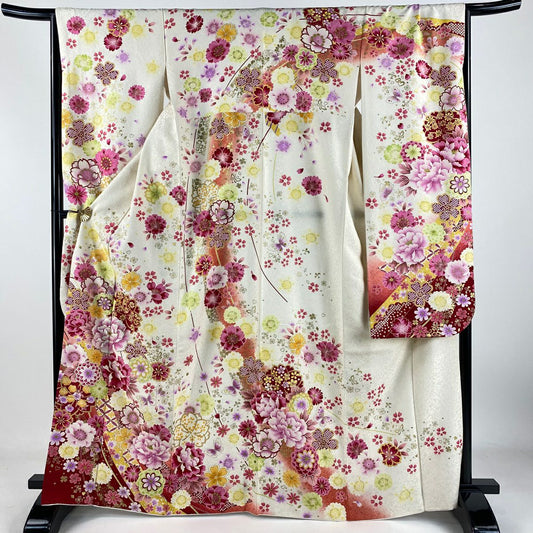 【庫存清倉】振袖禮服 身長166.5cm 袖長66cm M 雙層 牡丹 櫻花 刺繡 金銀彩 奶油色 純蠶絲 逸品級