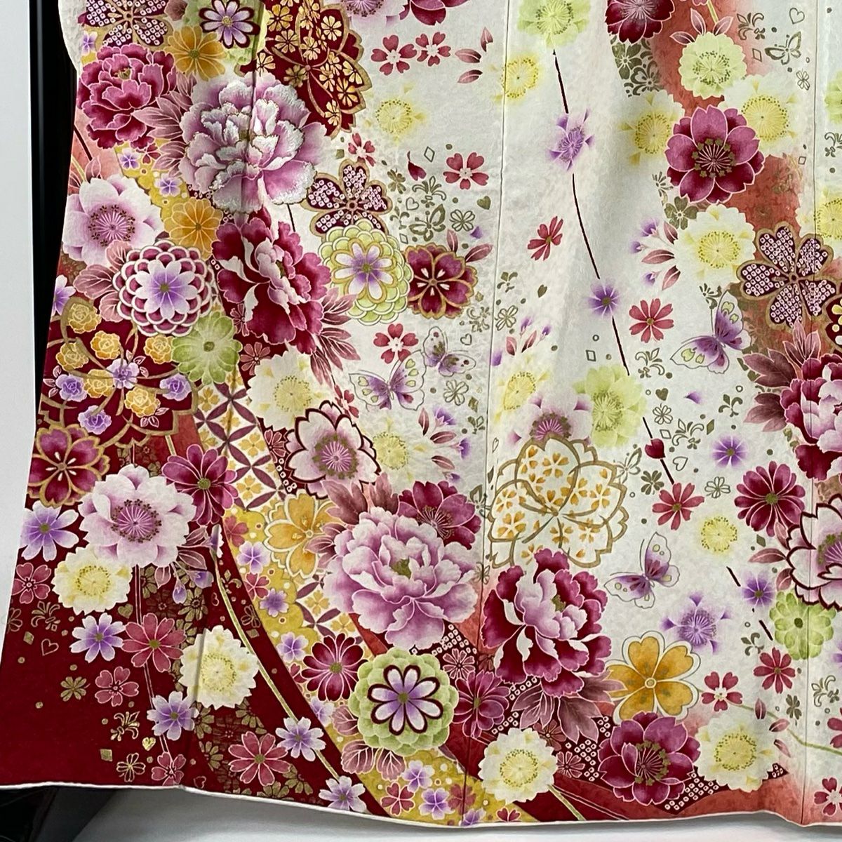 【庫存清倉】振袖禮服 身長166.5cm 袖長66cm M 雙層 牡丹 櫻花 刺繡 金銀彩 奶油色 純蠶絲 逸品級