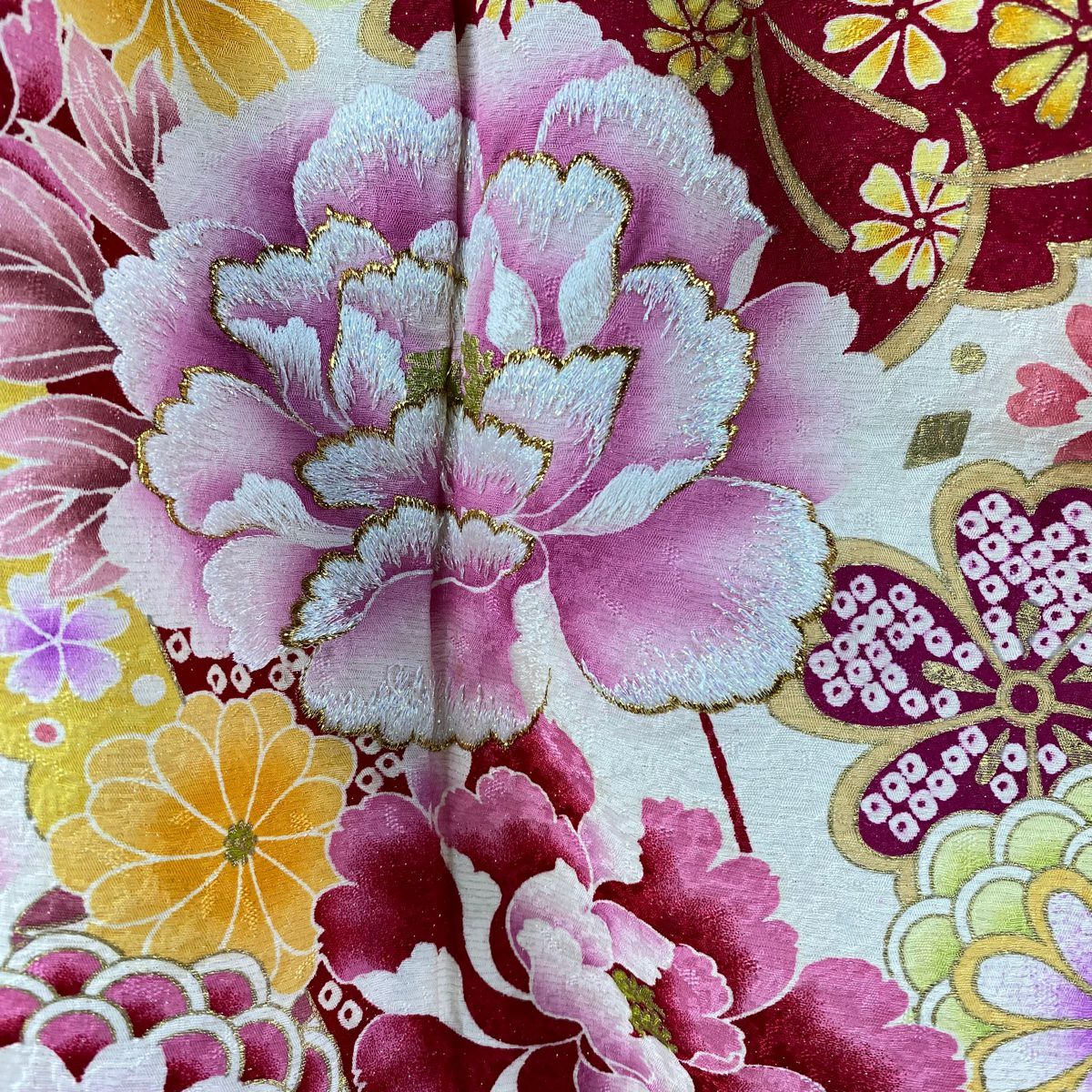 【庫存清倉】振袖禮服 身長166.5cm 袖長66cm M 雙層 牡丹 櫻花 刺繡 金銀彩 奶油色 純蠶絲 逸品級