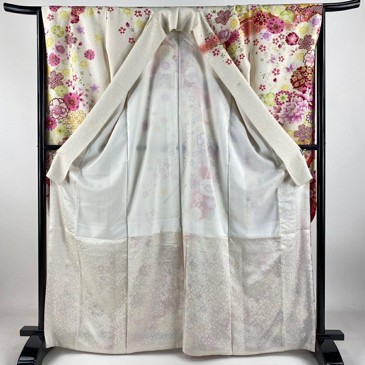 【庫存清倉】振袖禮服 身長166.5cm 袖長66cm M 雙層 牡丹 櫻花 刺繡 金銀彩 奶油色 純蠶絲 逸品級