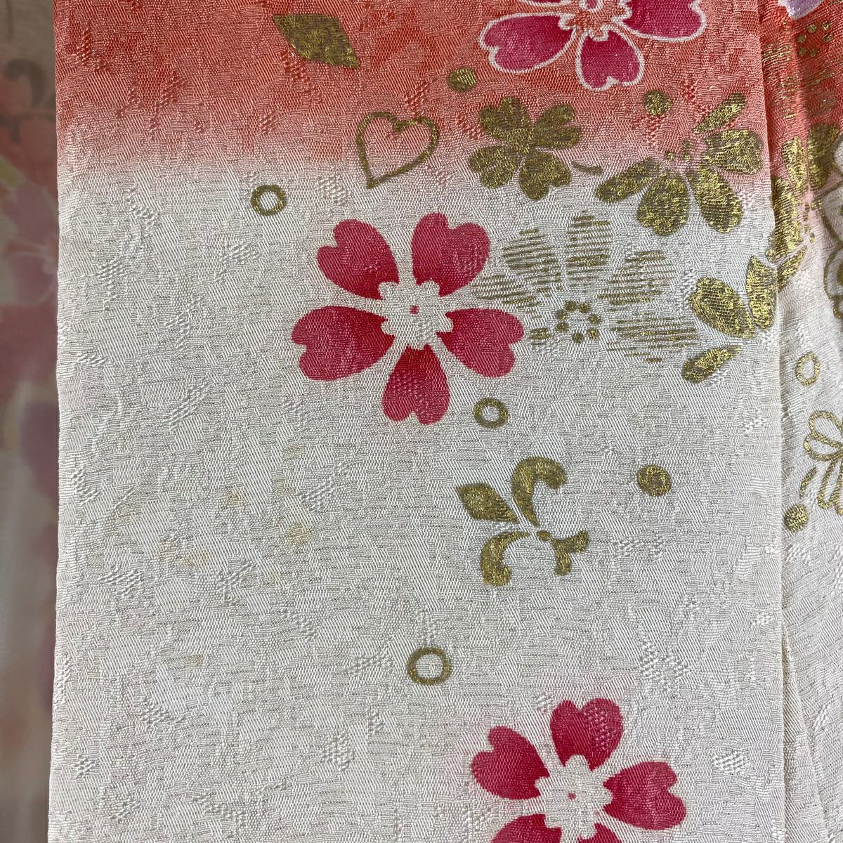 【庫存清倉】振袖禮服 身長166.5cm 袖長66cm M 雙層 牡丹 櫻花 刺繡 金銀彩 奶油色 純蠶絲 逸品級