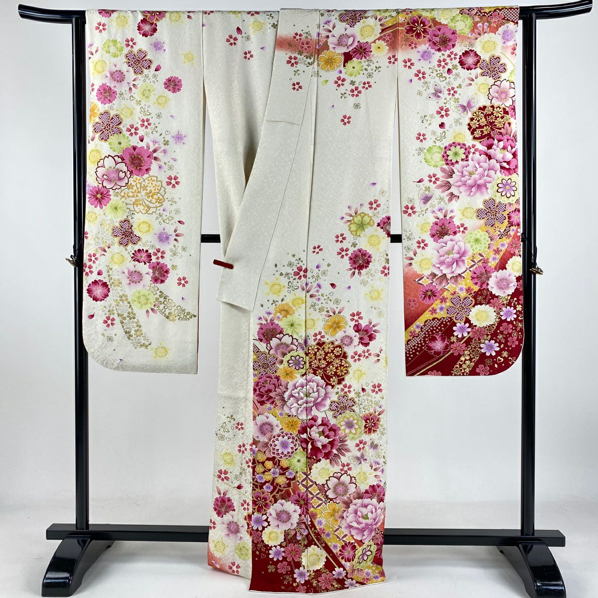 【庫存清倉】振袖禮服 身長166.5cm 袖長66cm M 雙層 牡丹 櫻花 刺繡 金銀彩 奶油色 純蠶絲 逸品級