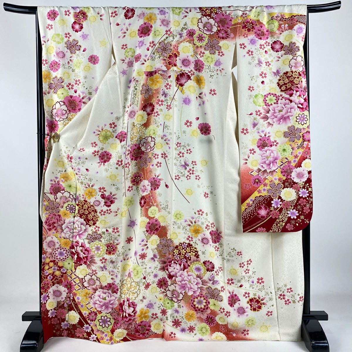 【清倉特賣】振袖禮服 身長170.5cm 袖長67cm M 雙層 牡丹 櫻花 刺繡 金銀彩 奶油色 純蠶絲 逸品級