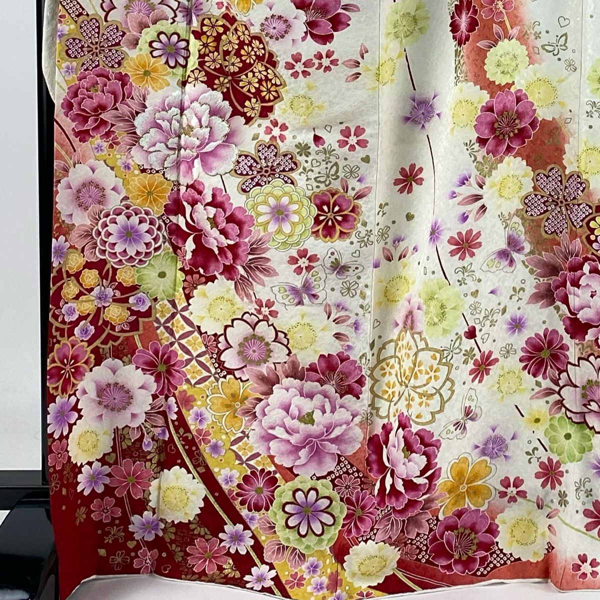 【清倉特賣】振袖禮服 身長170.5cm 袖長67cm M 雙層 牡丹 櫻花 刺繡 金銀彩 奶油色 純蠶絲 逸品級