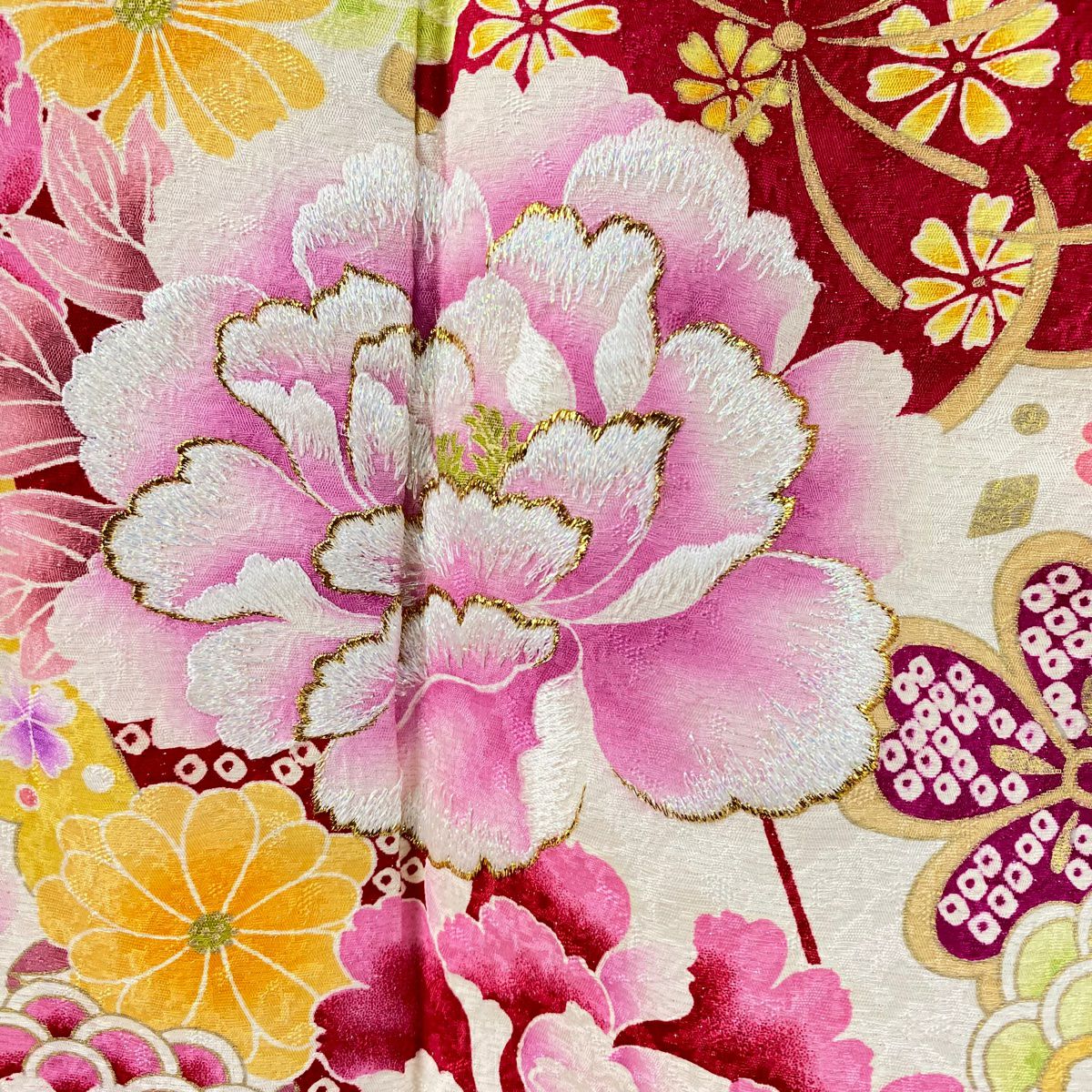 【清倉特賣】振袖禮服 身長170.5cm 袖長67cm M 雙層 牡丹 櫻花 刺繡 金銀彩 奶油色 純蠶絲 逸品級