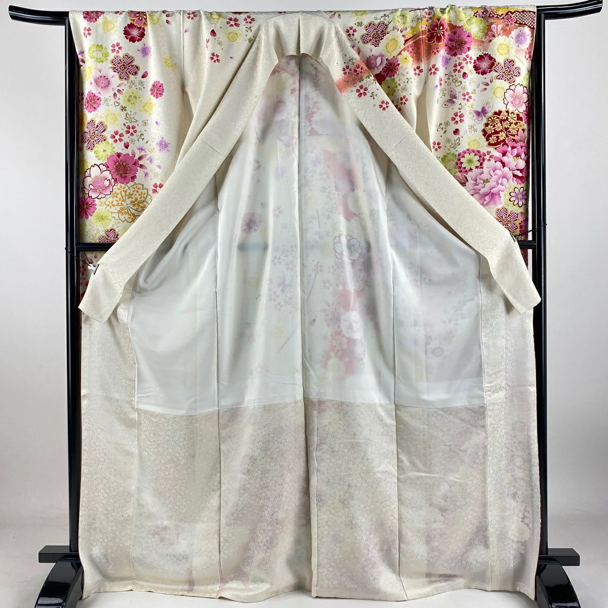 【清倉特賣】振袖禮服 身長170.5cm 袖長67cm M 雙層 牡丹 櫻花 刺繡 金銀彩 奶油色 純蠶絲 逸品級