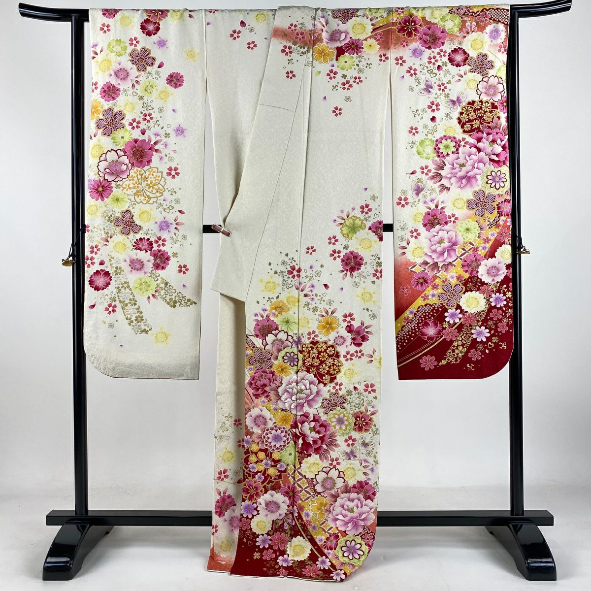 【清倉特賣】振袖禮服 身長170.5cm 袖長67cm M 雙層 牡丹 櫻花 刺繡 金銀彩 奶油色 純蠶絲 逸品級