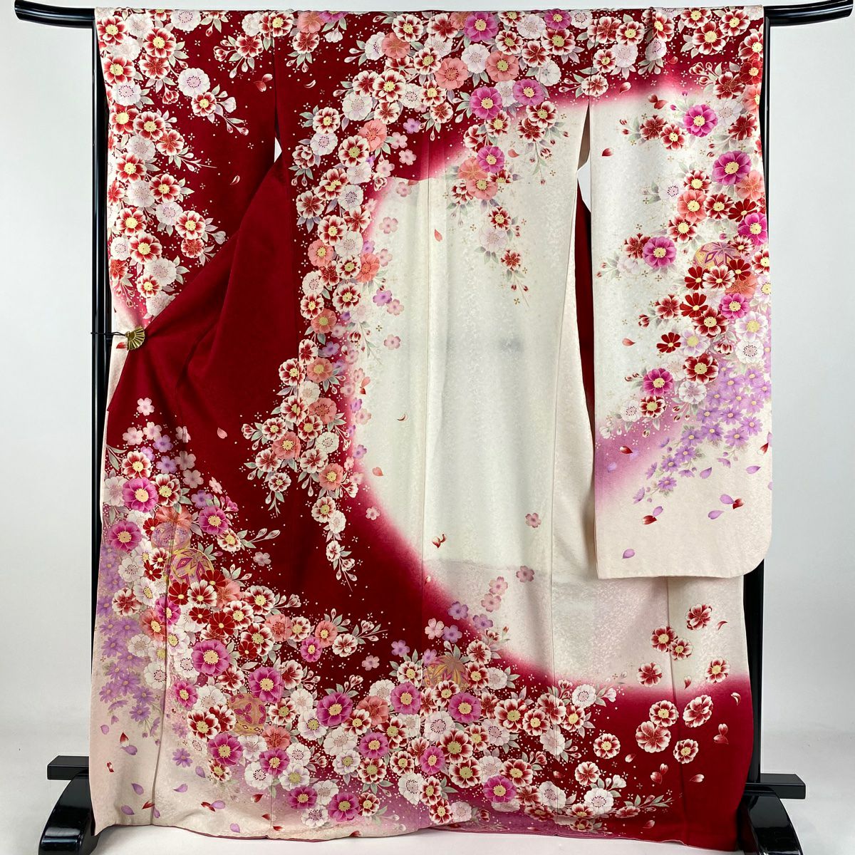 【庫存清倉】振袖禮服 身長172cm 袖長67cm M 雙層 手鞠 櫻花 銀通 金銀彩 紅 純蠶絲 逸品級