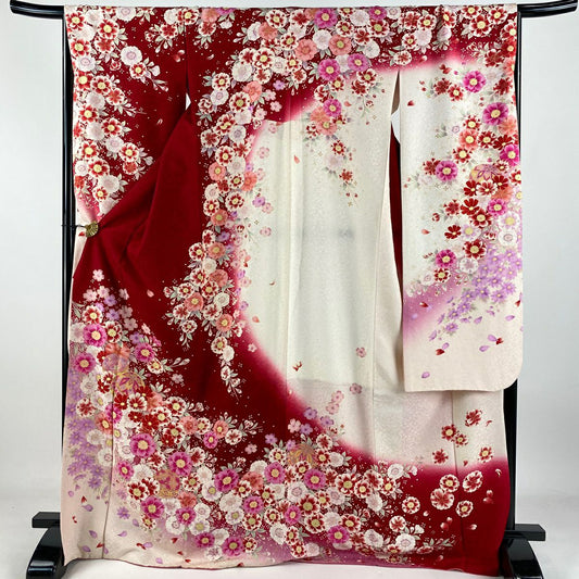 【庫存清倉】振袖禮服 身長172cm 袖長67cm M 雙層 手鞠 櫻花 銀通 金銀彩 紅 純蠶絲 逸品級