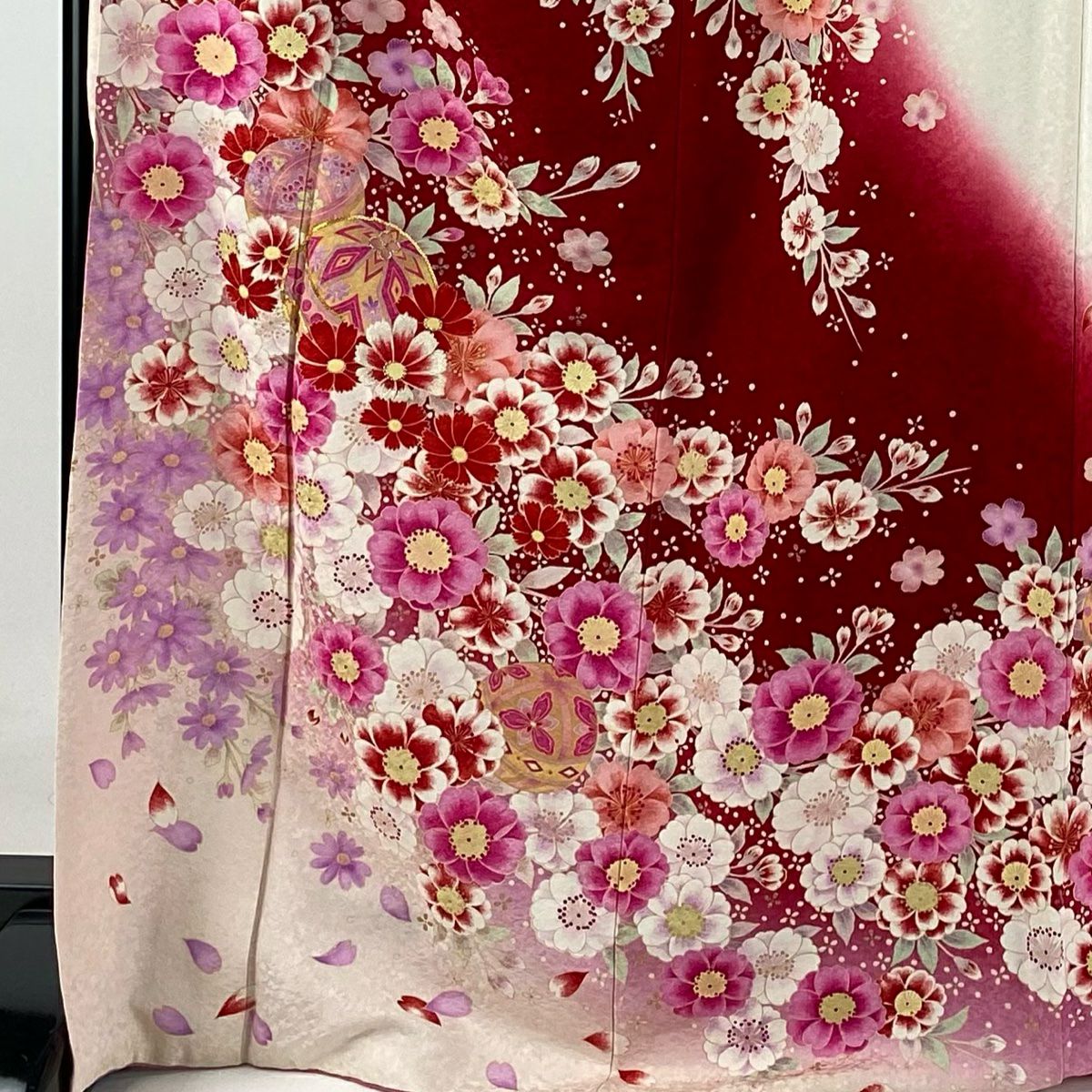 【庫存清倉】振袖禮服 身長172cm 袖長67cm M 雙層 手鞠 櫻花 銀通 金銀彩 紅 純蠶絲 逸品級