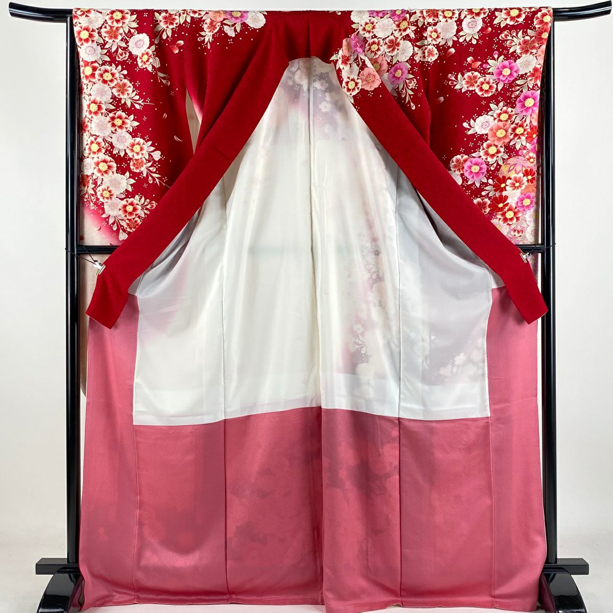 【庫存清倉】振袖禮服 身長172cm 袖長67cm M 雙層 手鞠 櫻花 銀通 金銀彩 紅 純蠶絲 逸品級