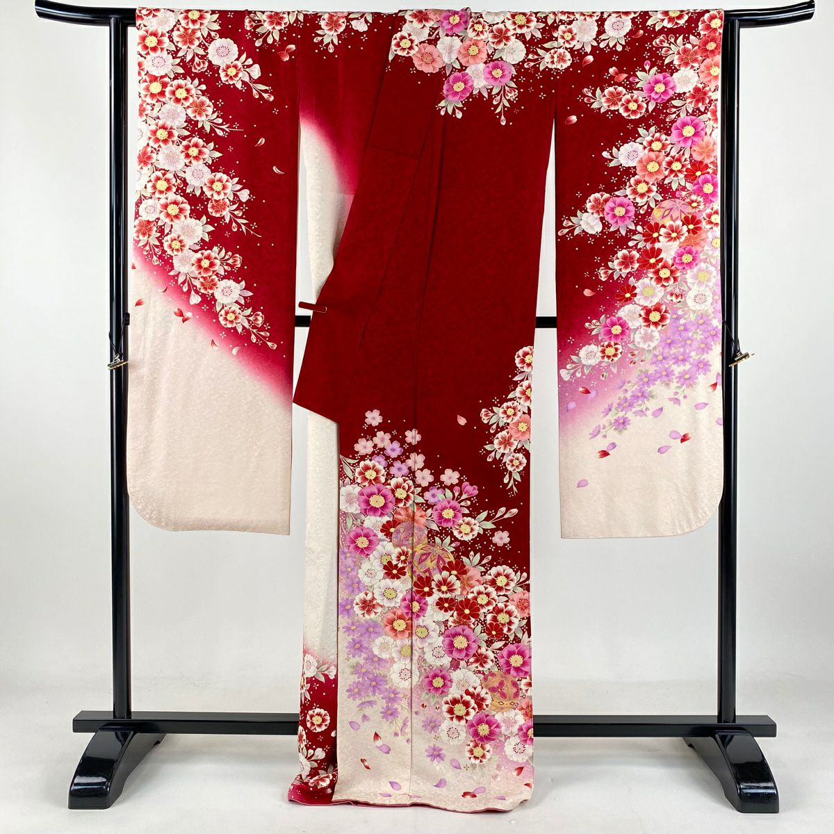 【庫存清倉】振袖禮服 身長172cm 袖長67cm M 雙層 手鞠 櫻花 銀通 金銀彩 紅 純蠶絲 逸品級
