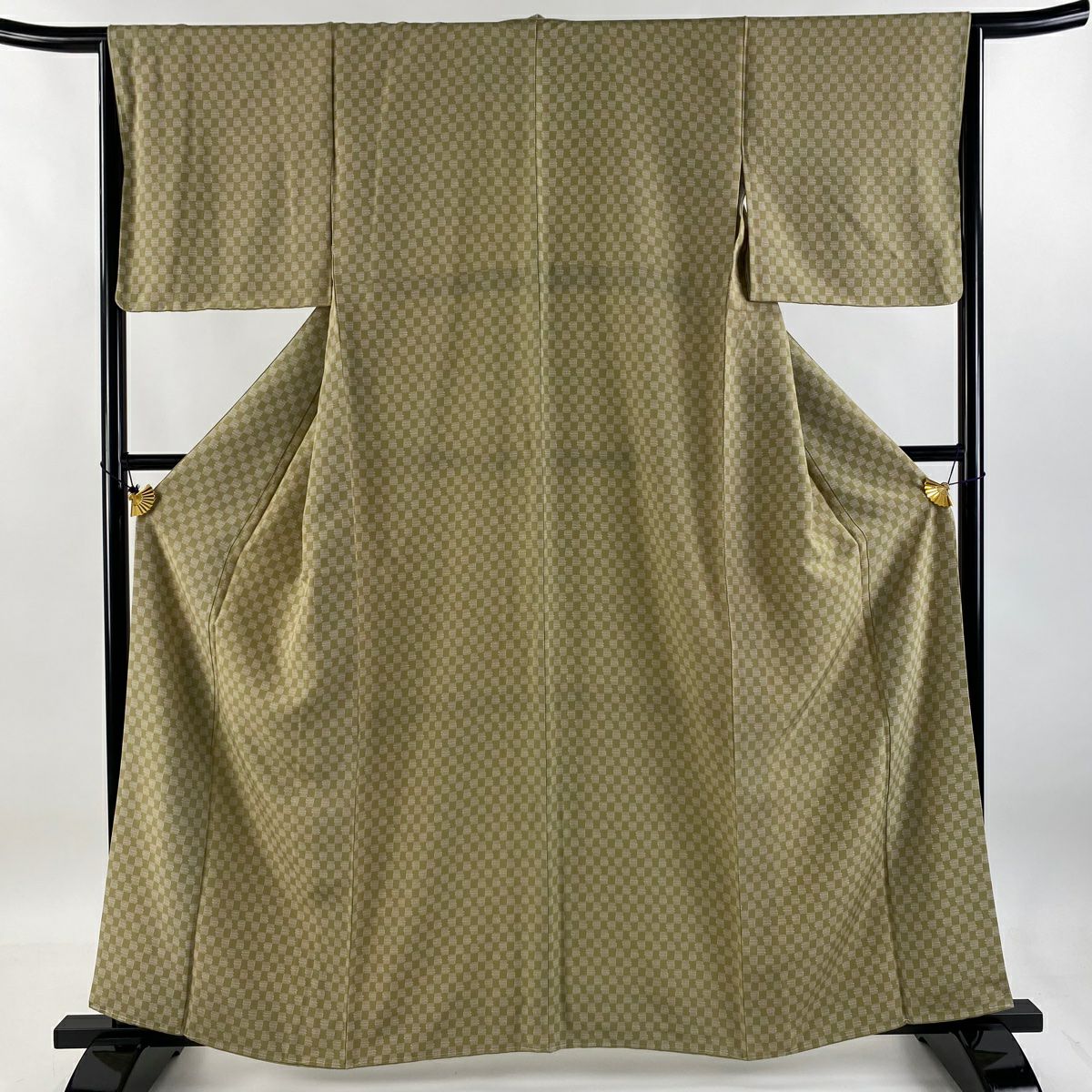 【庫存清倉】 小紋 身長160cm 袖長64.5cm M 雙層 市松樹 茶綠 純蠶絲 美品 秀品級