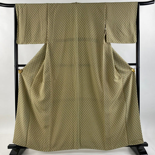 【庫存清倉】 小紋 身長160cm 袖長64.5cm M 雙層 市松樹 茶綠 純蠶絲 美品 秀品級