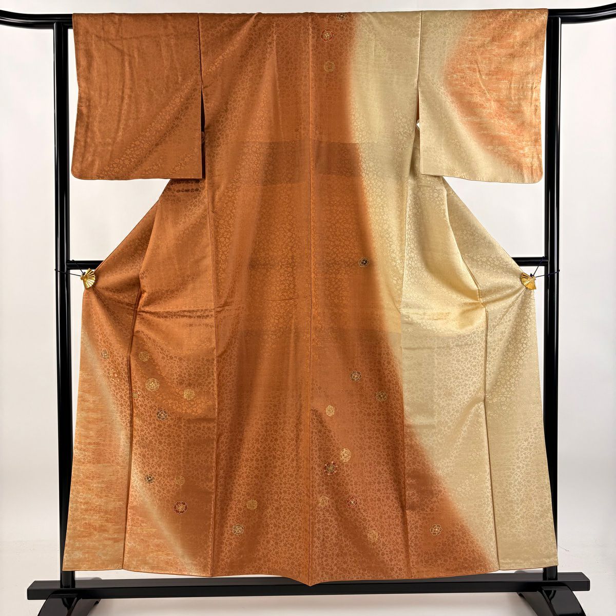 【庫存清倉】 付下 身長156cm 袖長62.5cm S 雙層 華紋 地紋 金彩裝飾 漸層 茶 純蠶絲 優品級