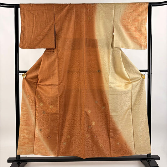【庫存清倉】 付下 身長156cm 袖長62.5cm S 雙層 華紋 地紋 金彩裝飾 漸層 茶 純蠶絲 優品級