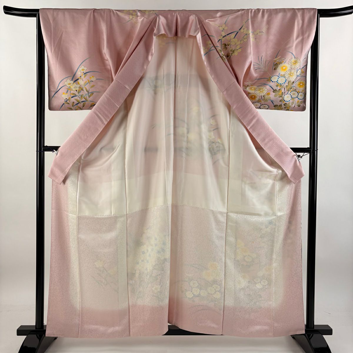 【庫存清倉】訪問服 身長160.5cm 袖長66.5cm M 雙層 紫陽花 菊花花 金銀彩 粉紅 純蠶絲 優品級