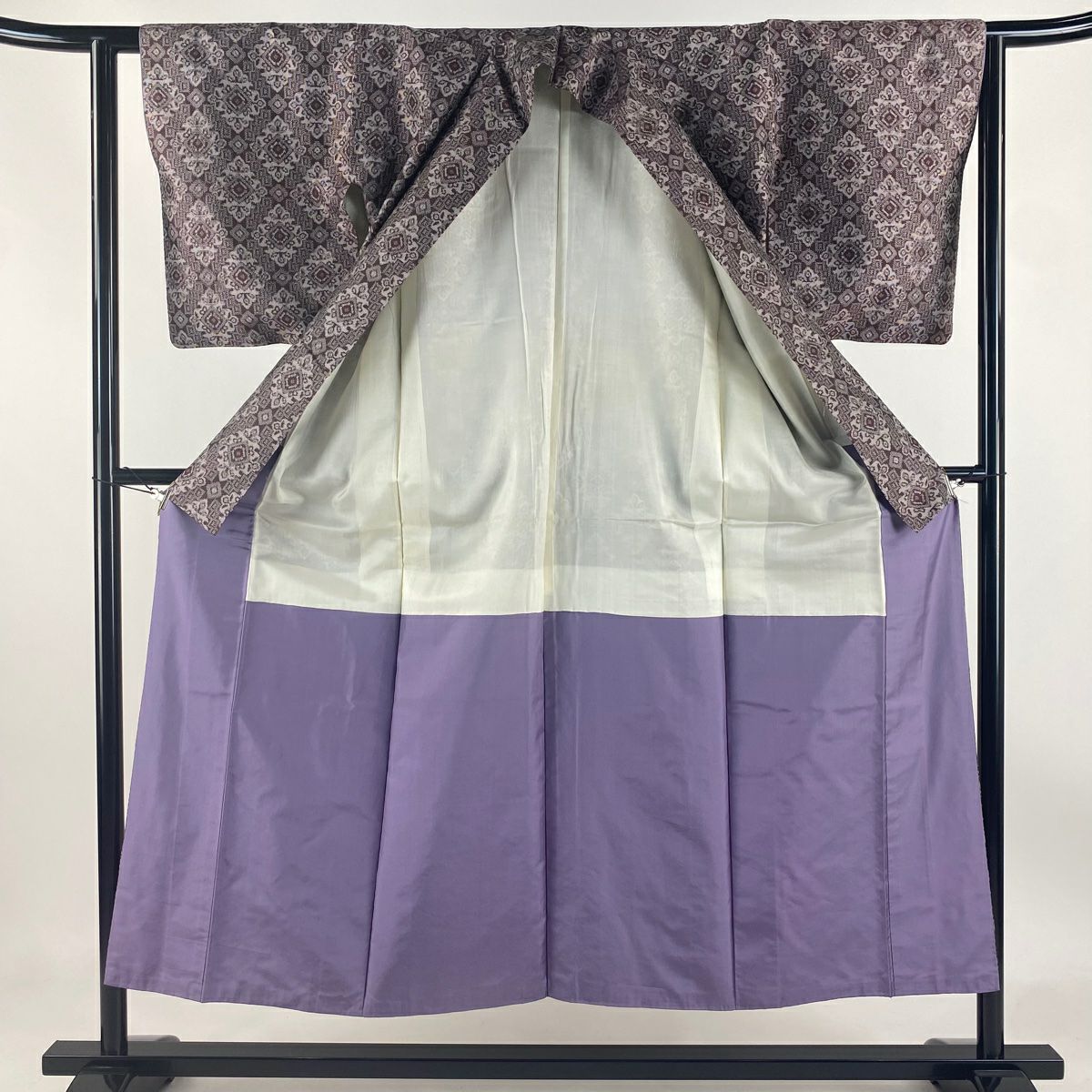 【庫存清倉】 紬織 身長150.5cm 袖長61.5cm S 雙層 套裝 菱 草花紋 茶紫 純蠶絲 優品級
