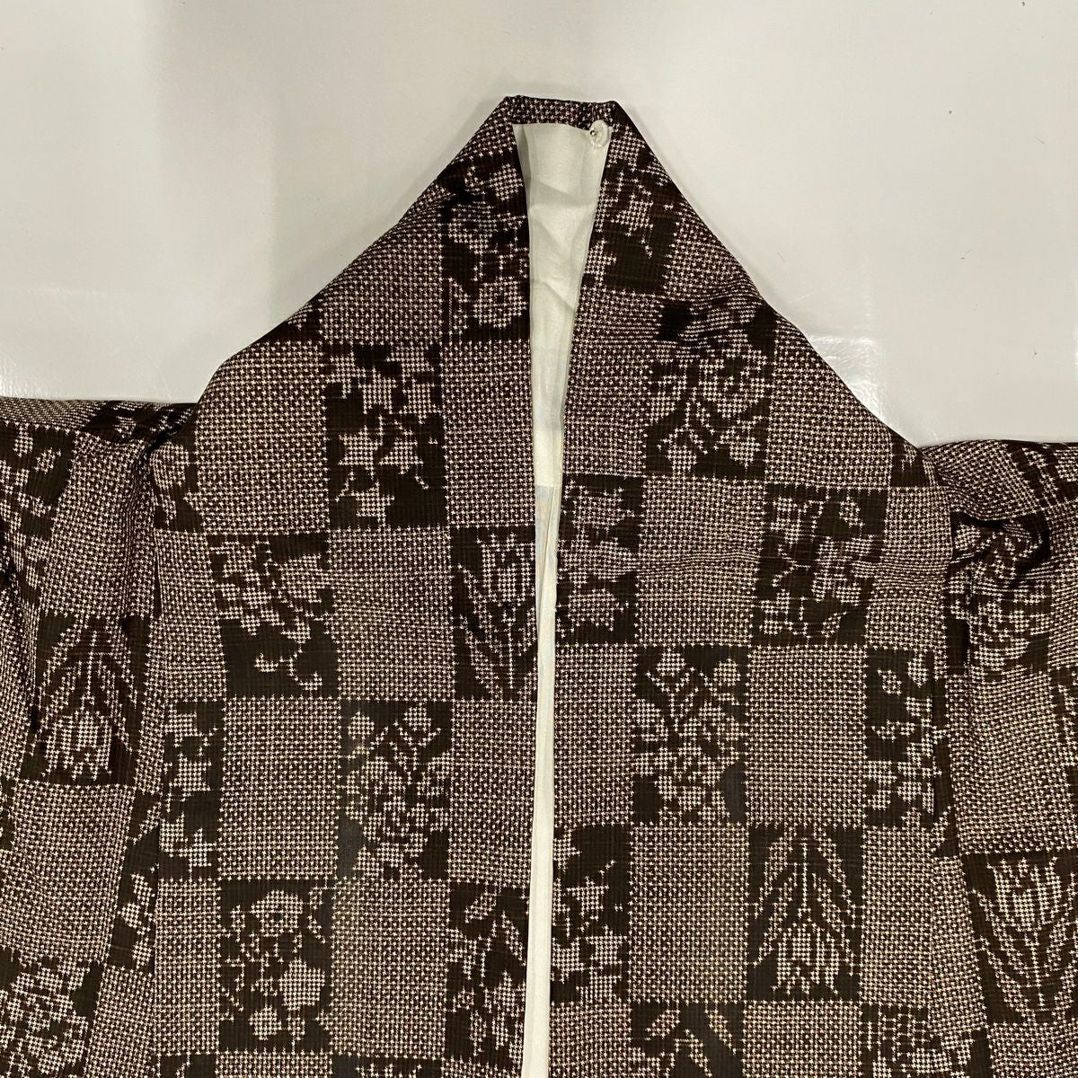 【庫存清倉】 紬織織 身長161.5cm 袖長65cm M 雙層 變化市松樹 草花紋紋 茶 純蠶絲 美品 秀品級