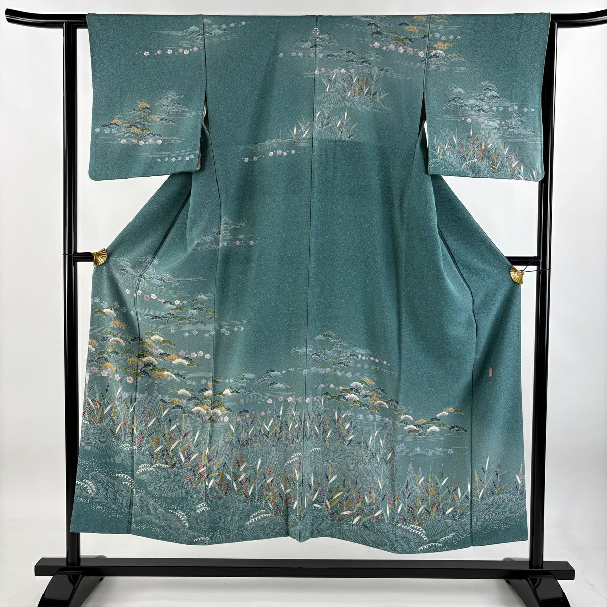 【清倉特賣】訪問服 身長151cm 袖長62cm S 雙層 落款 網干 松樹梅花 漸層 青綠 純蠶絲 優品級 一個紋