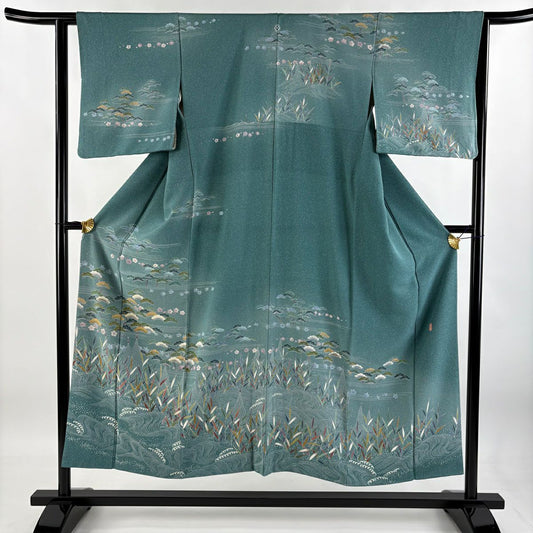 【清倉特賣】訪問服 身長151cm 袖長62cm S 雙層 落款 網干 松樹梅花 漸層 青綠 純蠶絲 優品級 一個紋