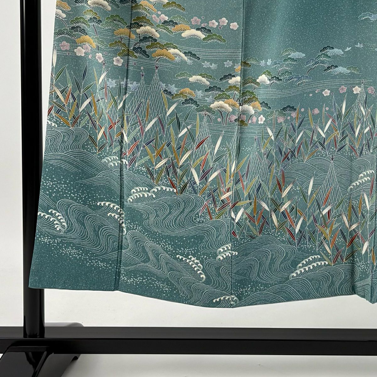 【清倉特賣】訪問服 身長151cm 袖長62cm S 雙層 落款 網干 松樹梅花 漸層 青綠 純蠶絲 優品級 一個紋