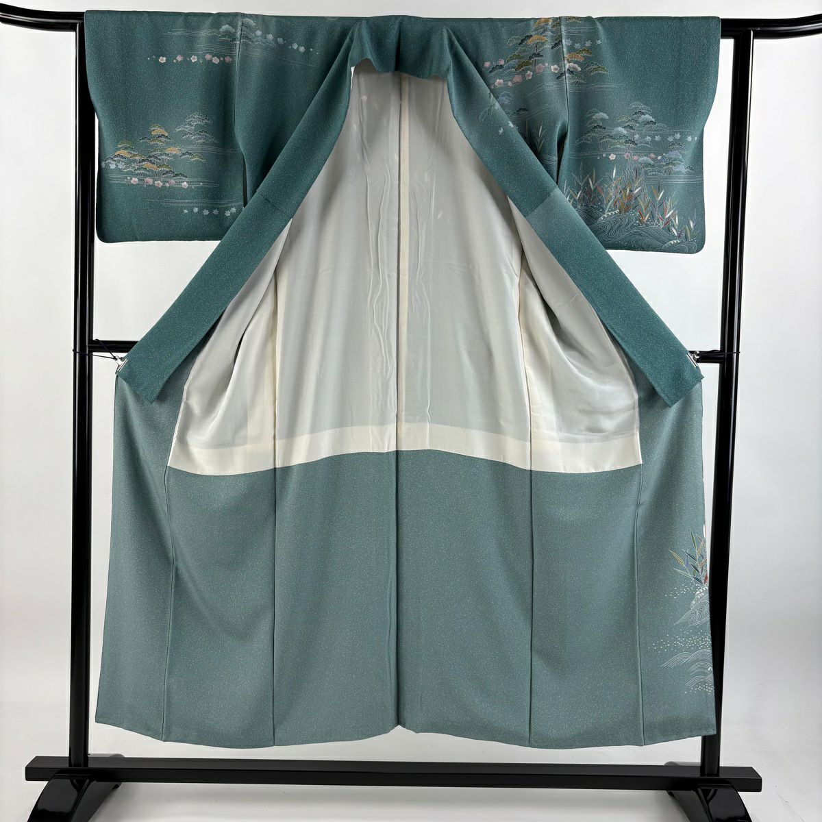 【清倉特賣】訪問服 身長151cm 袖長62cm S 雙層 落款 網干 松樹梅花 漸層 青綠 純蠶絲 優品級 一個紋