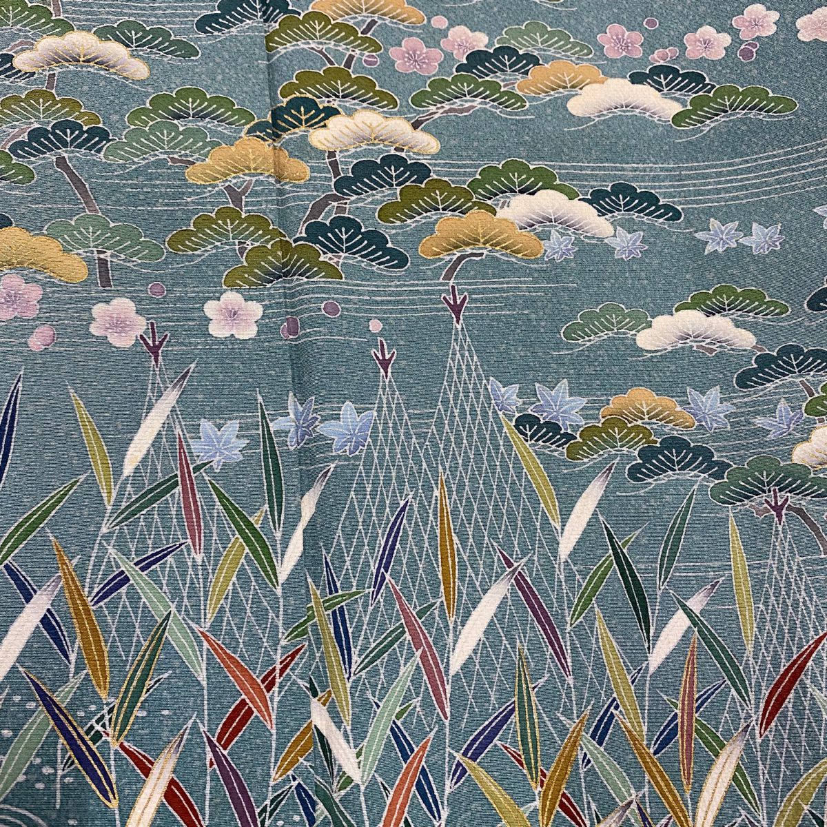 【清倉特賣】訪問服 身長151cm 袖長62cm S 雙層 落款 網干 松樹梅花 漸層 青綠 純蠶絲 優品級 一個紋