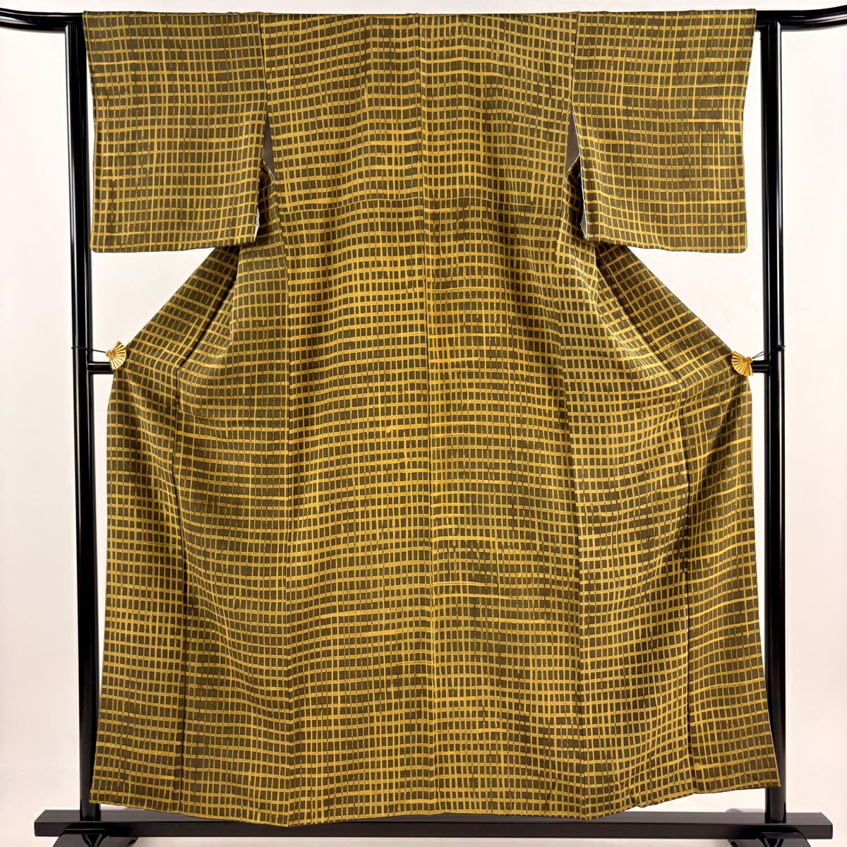 【庫存清倉】 小紋 身長156cm 袖長62cm S 雙層 格子 茶綠 純蠶絲 美品 秀品級