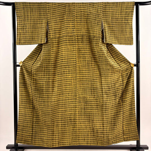 【庫存清倉】 小紋 身長156cm 袖長62cm S 雙層 格子 茶綠 純蠶絲 美品 秀品級