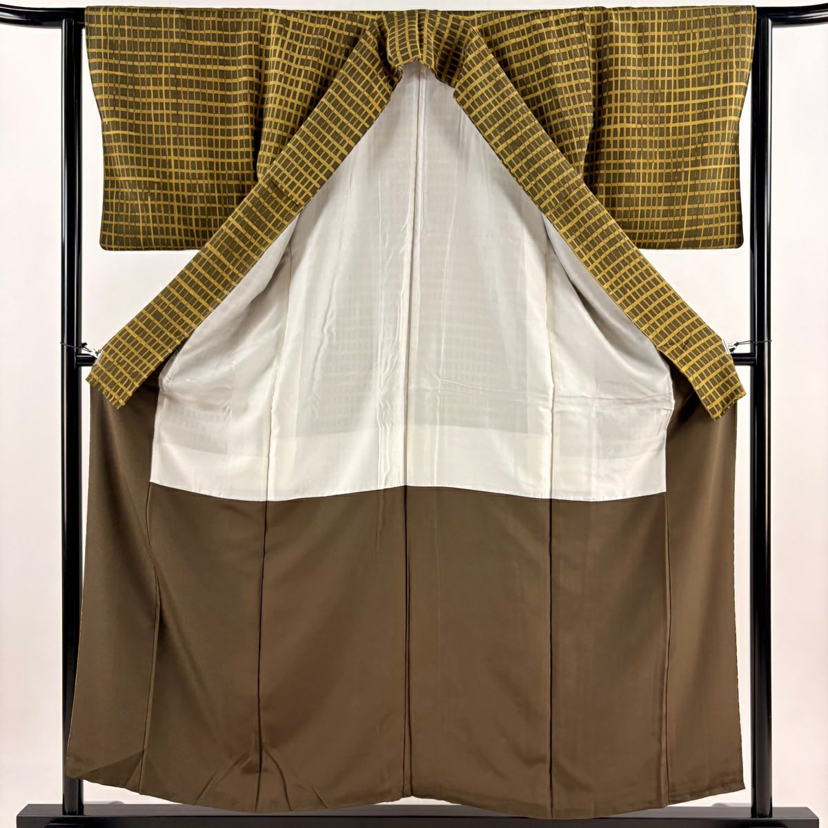 【庫存清倉】 小紋 身長156cm 袖長62cm S 雙層 格子 茶綠 純蠶絲 美品 秀品級