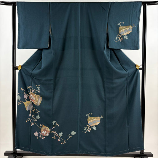 【庫存清倉】 付下 身長159cm 袖長62cm S 雙層 破損色紙 草花紋紋 金彩裝飾 深綠 純蠶絲 優品級