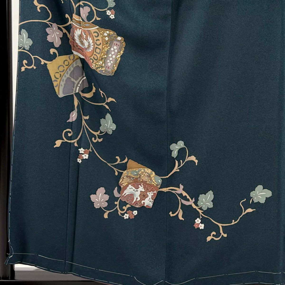 【庫存清倉】 付下 身長159cm 袖長62cm S 雙層 破損色紙 草花紋紋 金彩裝飾 深綠 純蠶絲 優品級