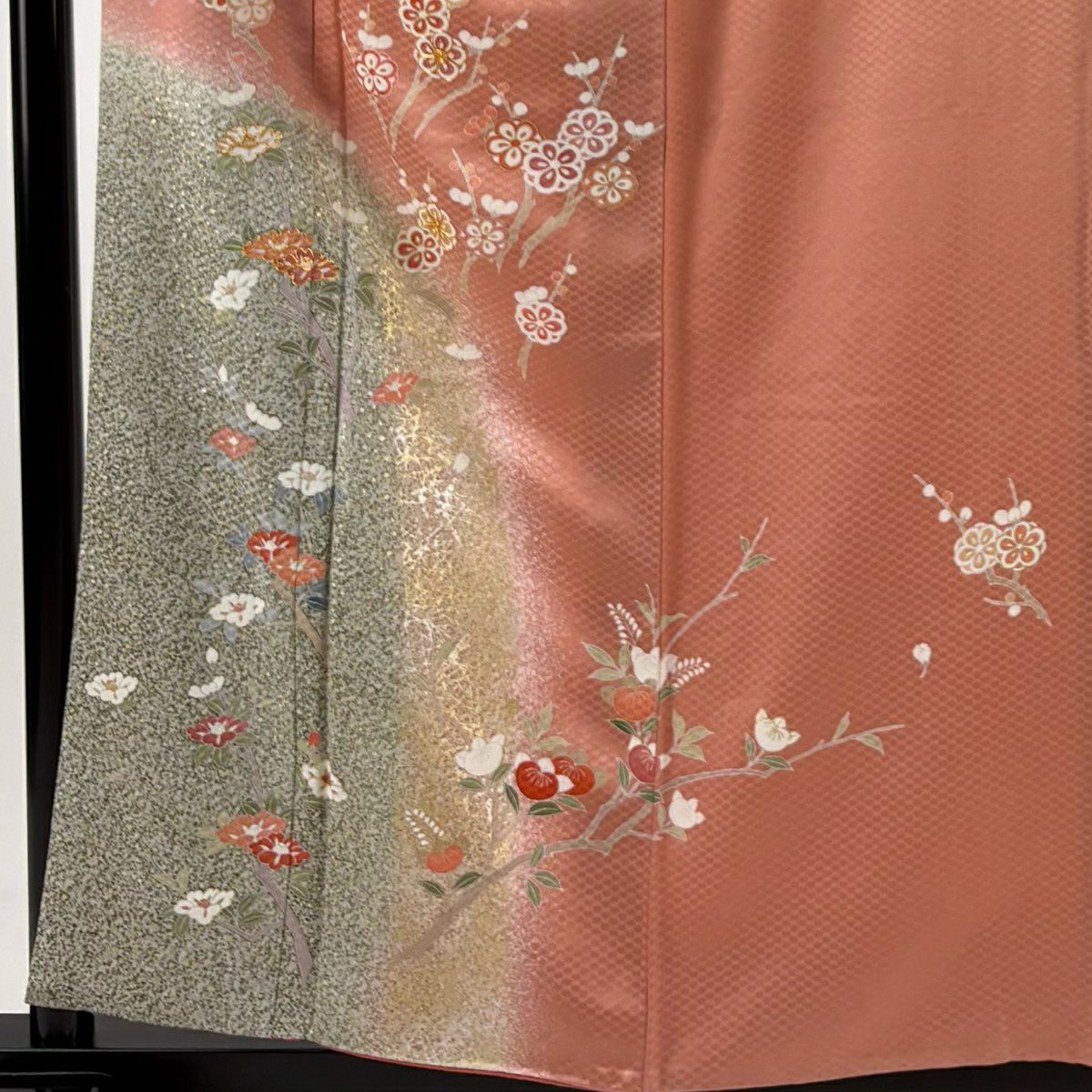 【庫存清倉】 付下 身長159cm 袖長60.5cm S 雙層 枝花 枝梅花 金絲 金銀彩 粉色 純蠶絲 美品 秀品級