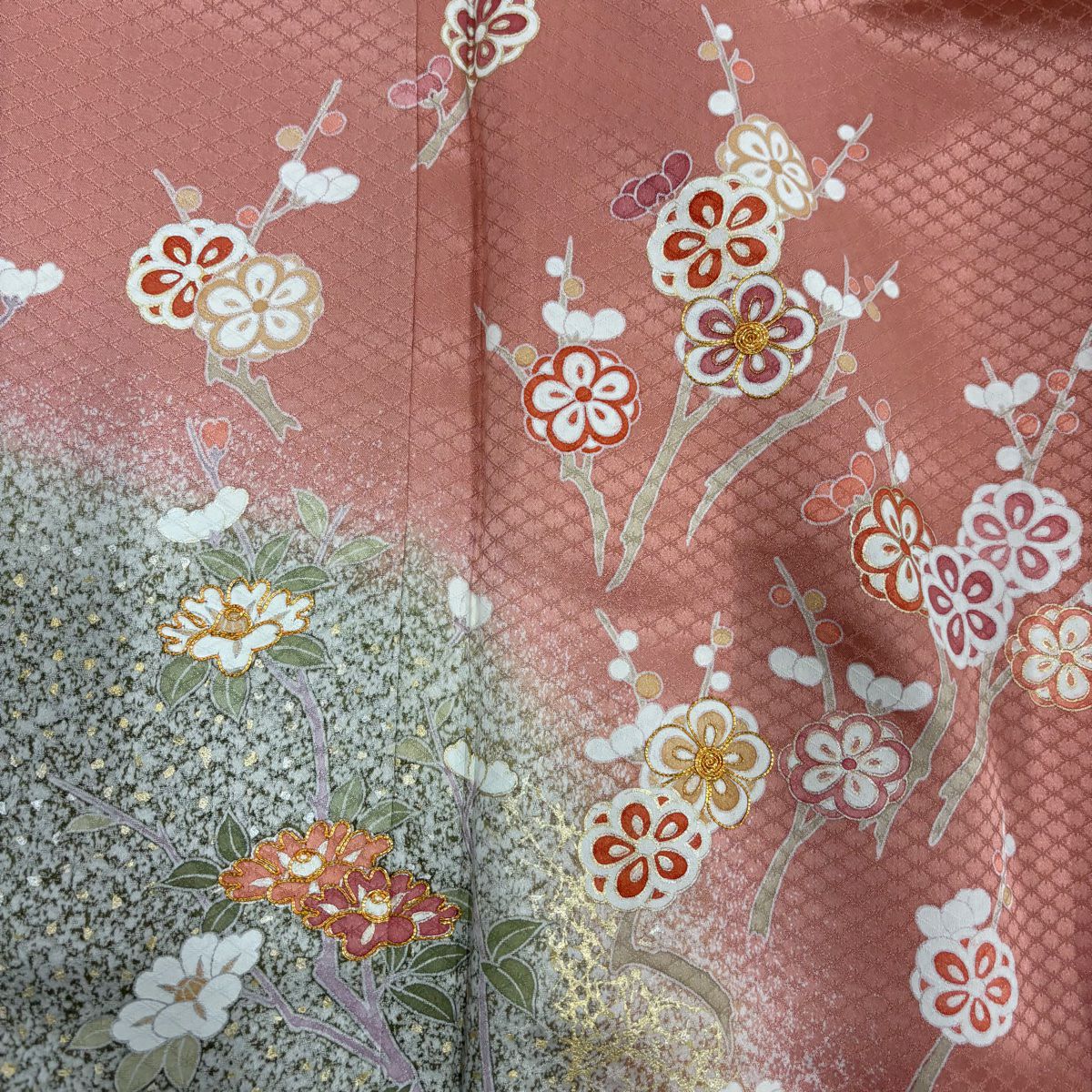 【庫存清倉】 付下 身長159cm 袖長60.5cm S 雙層 枝花 枝梅花 金絲 金銀彩 粉色 純蠶絲 美品 秀品級